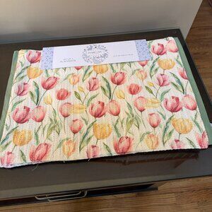 SHABBY CHIC NWT 4 PLACEMATS 13" X 19" VIBRANT TULIPS Olive Green Border NWT
